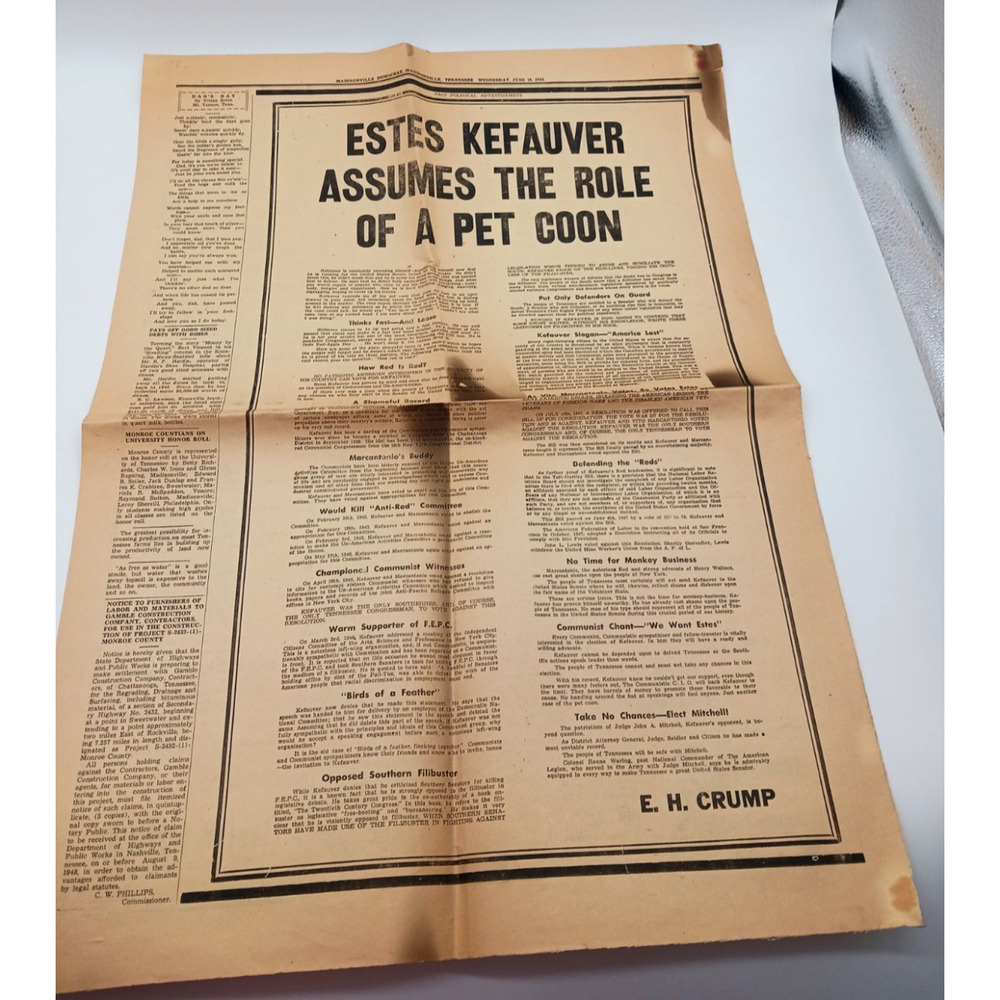 1948 Estes Kefauver Assumes The Role of A Pet Coon E H Crump Newspaper Print Ad